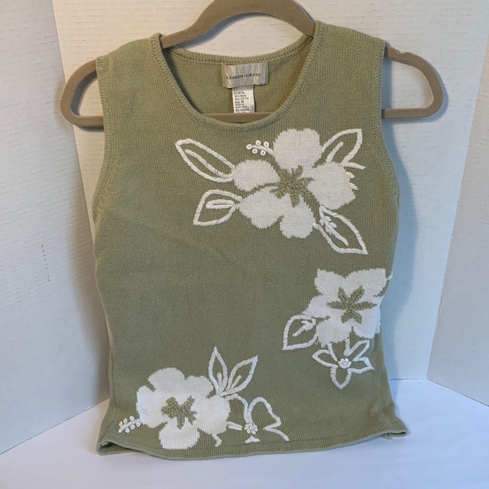 Lemon Grass Cotten blend embroidered sleeveless top. Sage green and white.  Med